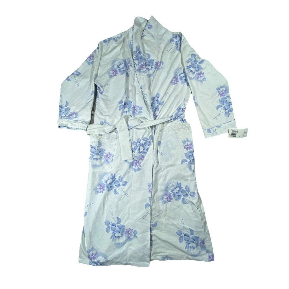 Earth Angels‎ Robe Womens M White Floral Lace Trim Pocket Tie Waist Long Sleeve